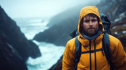 Bearded man in yellow jacket stands on cliffside with ocean behind, mist and rocks around
Concept of adventure and solitude in nature