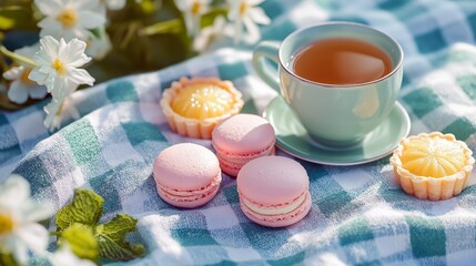 Tea with macarons and tart on checkered blanket in sunlit garden setting
Concept of cozy outdoor brunch and relaxation