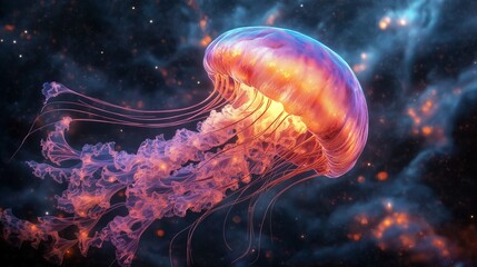 Glowing jellyfish floating in deep space with galaxy-like tendrils emitting pink and orange light
Concept of alien life and space mystery