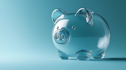 Transparent blue piggy bank on minimal cyan background with subtle reflection
Concept of digital finance and simplicity