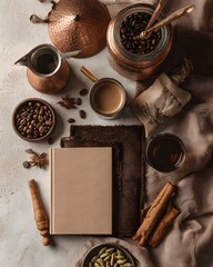 Warm-toned flat lay with coffee, spices, copperware and vintage journal