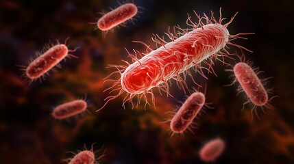 Close-up of red bacteria under microscope with detailed cell texture and hair-like structures
Concept of microbiology and unseen life