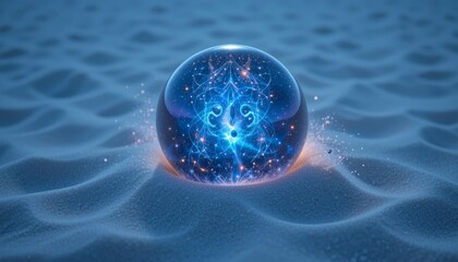 Shiny glass sphere with astrological cancer symbol resting on icy blue surface with glowing particles
Concept of astrology and futuristic symbolism