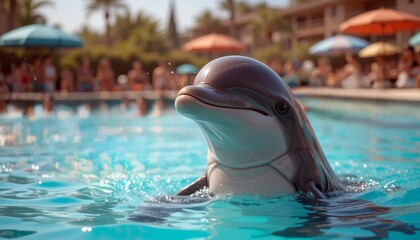Dolphin emerging from turquoise water of resort pool with blurred people and umbrellas in background
Concept of vacation fun and aquatic entertainment