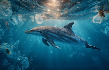 The graceful dance of a dolphin is a stark and tragic contrast to the plastic-filled water it calls home, highlighting the destruction plastic pollution causes in marine ecosystems.