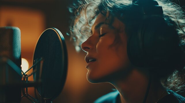 A singer uses a professional microphone within a soundproofed, high-tech studio to lay down crystal-clear vocal tracks - Powered by Adobe