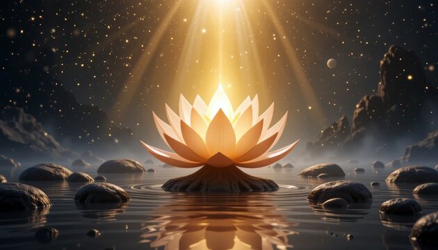  Glowing golden lotus radiating light from center, surrounded by calm reflective water and mist
Concept of spiritual awakening and tranquility