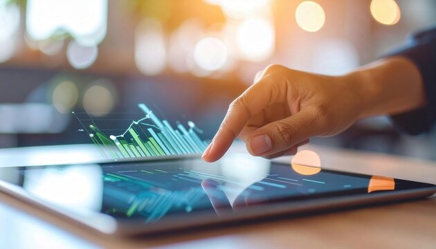 Close Up of Hand Swiping on Tablet with Eco Finance Metrics Display