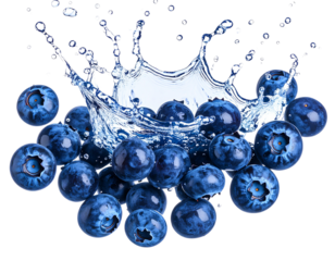  “Blueberries Splashing in Water, Isolated on Transparent Background”.