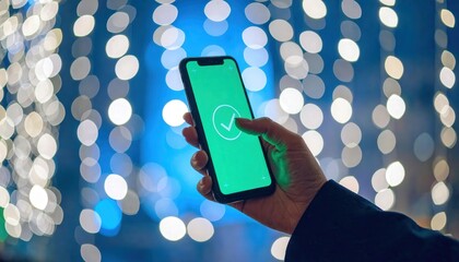 Hand Tapping Phone Screen with Green Checkmark Against Blurred Lights