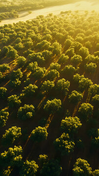 view of a tree plantation with orderly rows casting long shadows