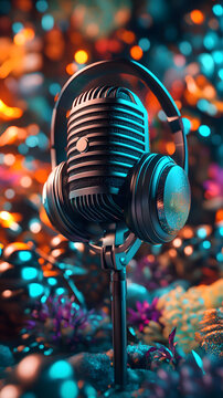 vintage style microphone paired with headphones stands amidst