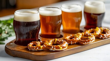 Beer flight with pretzels and mustard gourmet pub fare white backdrop overlay cut out on isolated transparent removed background