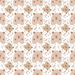 Seamless beige bear pattern with cute cartoon faces and autumn leaves on transparent background for kids, nursery, fabric, and surface design
