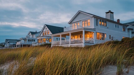 A generic oceanfront beach house condo offers a luxurious real estate option with a night time exterior view, perfect for a summer home vacation location