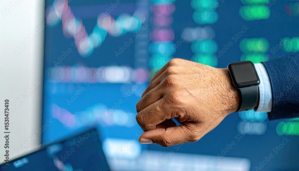 Poster trader swiping price alert on smart watch with stock market background