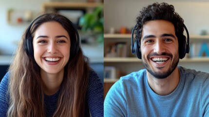 Smiling Man and Woman in Headphones During a Video Call