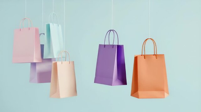 Pastel Shopping Bags Hanging from Strings in a Studio Shot with Light Blue Background Minimalist Design and Copy Space for Commercial Use
