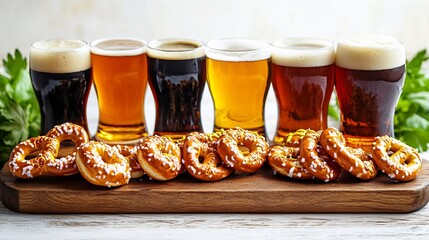 Beer flight with pretzels and mustard gourmet pub fare white backdrop overlay cut out on isolated transparent removed background
