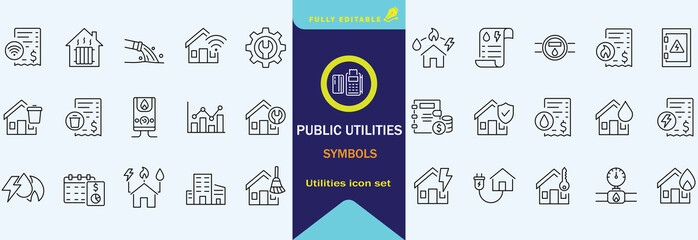 Public utilities web icons line set. Public Utilities Water, Fuel, Electricity, gas, garage, Solar House, Rent receipt, Maintainence, and More vector illustration