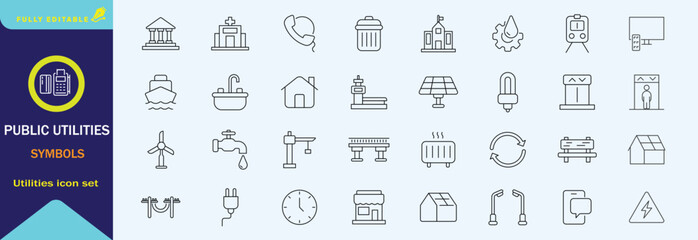 Public utilities web icons line set. Public Utilities Water, Fuel, Electricity, gas, garage, Solar House, Rent receipt, Maintainence, and More vector illustration