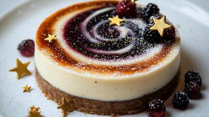 A galaxy swirl cheesecake with edible gold stars nebula colored berry compote and comet tail powdered sugar trails floating in zero gravity over white void cut out on isolated transparent background