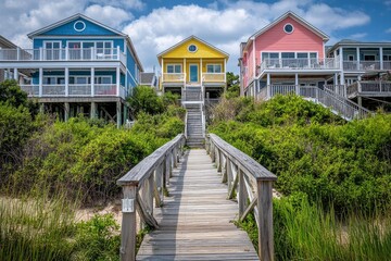 Three luxury beach houses for rent are accessible via a long wooden dock on the intercoastal waterway at Sunset Beach, North Carolina