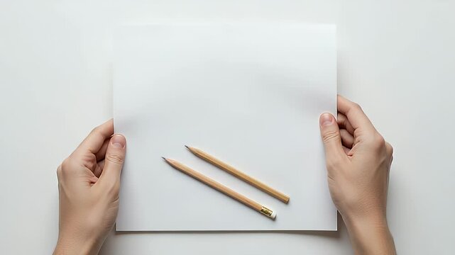 Person Holding White Square Paper Sheet with Two Unsharpened Pencils on White Background in Studio Setting Under Bright Lighting