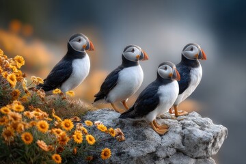 Colorful atlantic puffins on a rocky shoreline