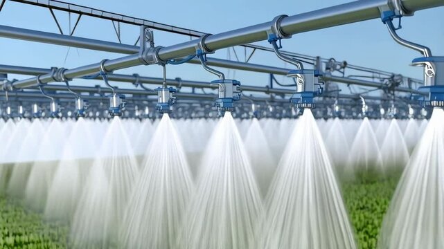 Agricultural irrigation system spraying water on crops in a field, providing water to plant life, farming technology and automated agricultural processes