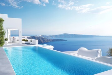 Obraz premium The modern design of this luxury beach house features a beautiful sea view, an infinity pool, and a spacious terrace, ideal for big families
