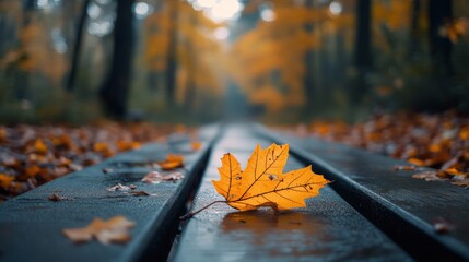 Single Yellow Maple Leaf on Wet Park Bench