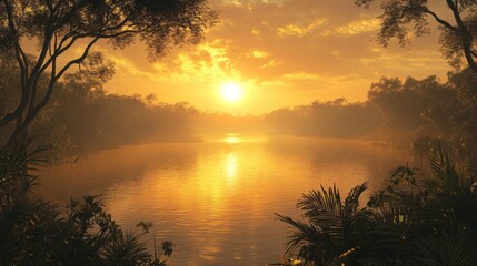 Golden Sunset Over Calm River with Trees