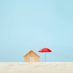 The concept of a seaside holiday or real estate is represented by a miniature house under a beach umbrella, positioned on the beach with a blue sky and sea in the background, in a square size with © Viktar