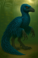 Obraz premium Realistic Feathered Blue Dinosaur in a Misty Prehistoric Forest (Digital Concept Art – Version A)