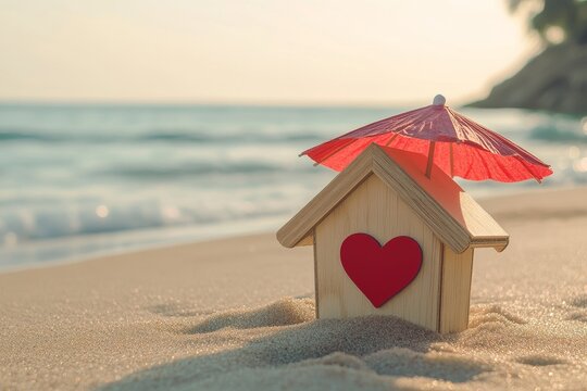 A beach scene featuring a miniature house and umbrella, with the blue sea and sky blurred in the background, represents a happy holiday home for families, embodying concepts of real estate, property