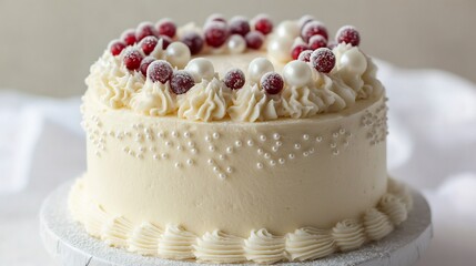 All white vanilla cake with frozen white currants and edible pearl accents glacial styling isolated on pure white backdrop overlay cut out on isolated transparent removed background