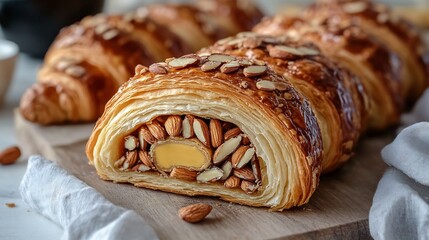 Almond croissant cross section with marzipan center French bakery style overlay cut out on isolated transparent removed background