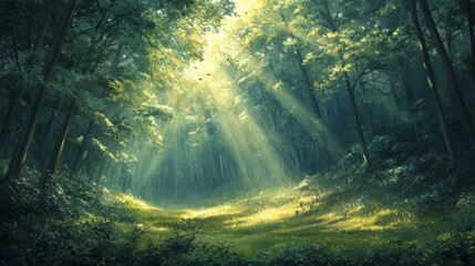 Sunlit Forest Path: Green Trees and Golden Light