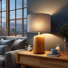 Cozy living room with glowing lamp high resolution picture