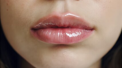 Naklejka premium Nahaufnahme der Lippen einer Frau mit glänzendem Lipgloss bei natürlichem Licht