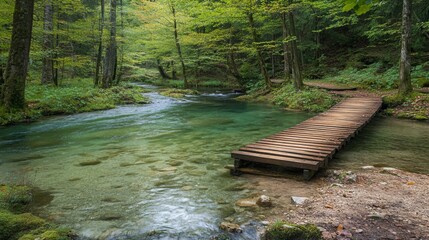 Wooden Boardwalk Over Crystal Clear River in Lush Green Forest