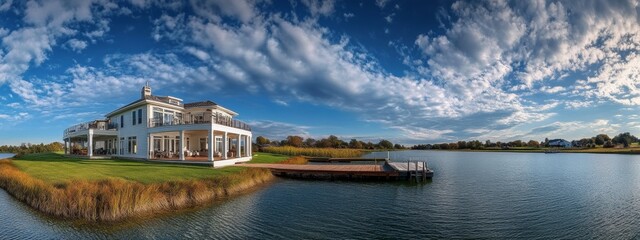 Fototapeta premium In central British Columbia, Canada, a beautiful and spacious modern luxury home stands beside a small lake, boasting sun decks, glass railings, and large windows with a panoramic view