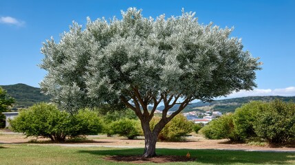 Fototapeta premium Old olive tree with two trunks rises above smaller trees under a clear blue sky on the beautiful island of Lesbos.