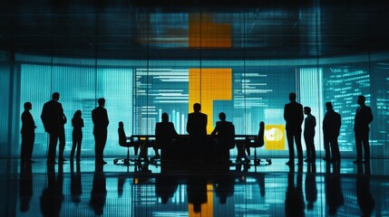 Silhouetted Business Team Meeting in a Modern Tech Office