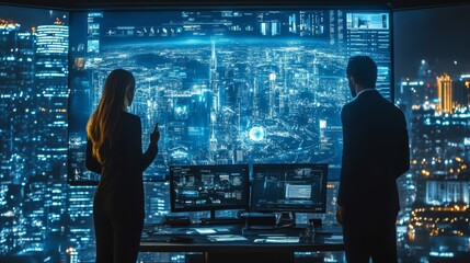 Businesspeople Analyzing City Data on Large Screen at Night