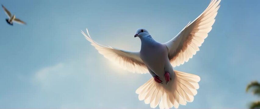 4K white doves of hope flying in slow motion 