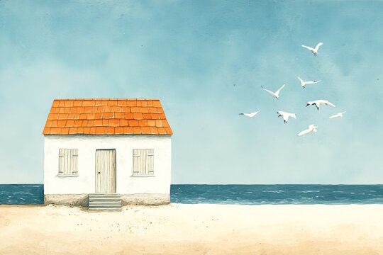 The design of this beach house includes a white hut adorned with decorations and birds like seagulls, set against a watercolor illustration of a coastal scene with symbols of summer leisure and