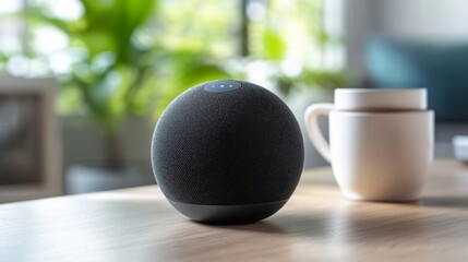 Black Spherical Smart Speaker on Wooden Table