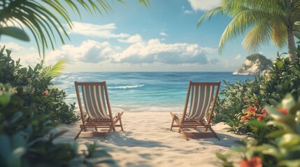 A white beach at sunset with a lounge chair, depicted in a 3D rendering overlooking the sea